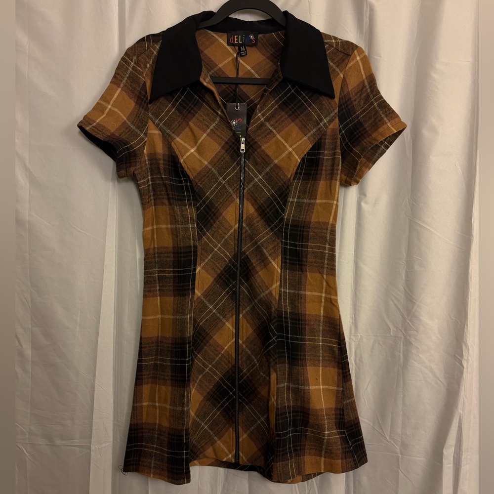 BNWT ALL HAIL ME PLAID MINI DRESS - BROWN size M - Picture 2 of 10